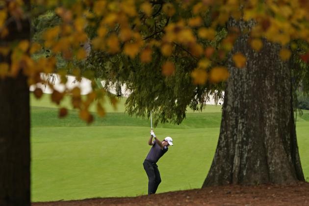 Nick Taylor, of Canada, hits on the 13th hole during a practice round for the Masters golf tournament Tuesday, Nov. 10, 2020, in Augusta, Ga. (AP Photo/Chris Carlson)