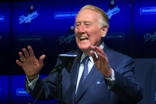 Hall of Fame broadcaster Vin Scully speaks to reporters about being inducted into the Los Angeles Dodgers Ring of Honor, prior to a baseball game between the Dodgers and the San Francisco Giants, Wednesday, May 3, 2017, in Los Angeles. (AP Photo/Mark J. Terrill)