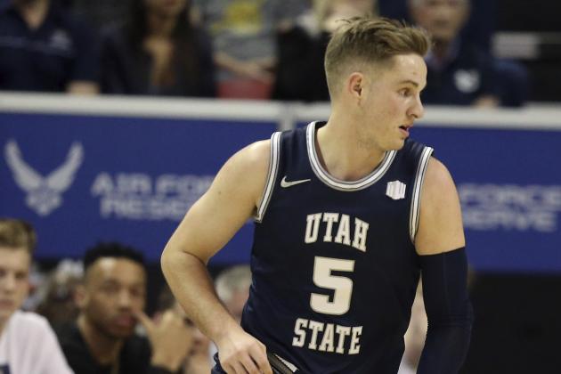 Utah State's Sam Merrill plays against San Diego State during an NCAA college basketball game for the Mountain West Conference men's tournament championship Saturday, March 7, 2020, in Las Vegas. (AP Photo/Isaac Brekken)