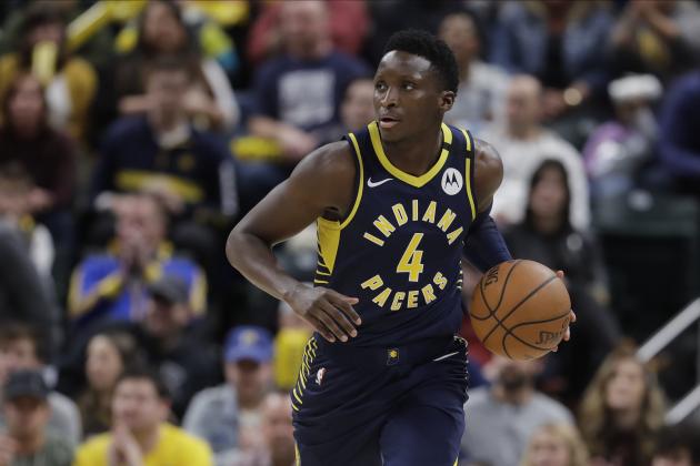 Indiana Pacers' Victor Oladipo (4) dribbles during the second half of an NBA basketball game against the New York Knicks, Saturday, Feb. 1, 2020, in Indianapolis. New York won 92-85. (AP Photo/Darron Cummings)