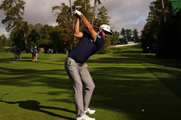 Dustin Johnson tees off on the 18th hole during the first round of the Masters golf tournament Friday, Nov. 13, 2020, in Augusta, Ga. (AP Photo/Matt Slocum)