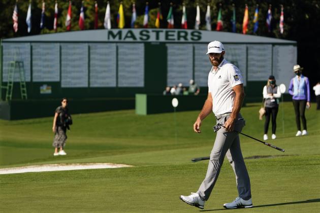 Dustin Johnson waits to putt on the ninth hole during the third round of the Masters golf tournament Saturday, Nov. 14, 2020, in Augusta, Ga. (AP Photo/Matt Slocum)