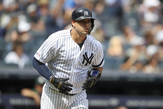 New York Yankees' Gary Sanchez runs to first after hitting a home run during the second inning of a baseball game against the Oakland Athletics, Saturday, Aug. 31, 2019, in New York. (AP Photo/Mary Altaffer)