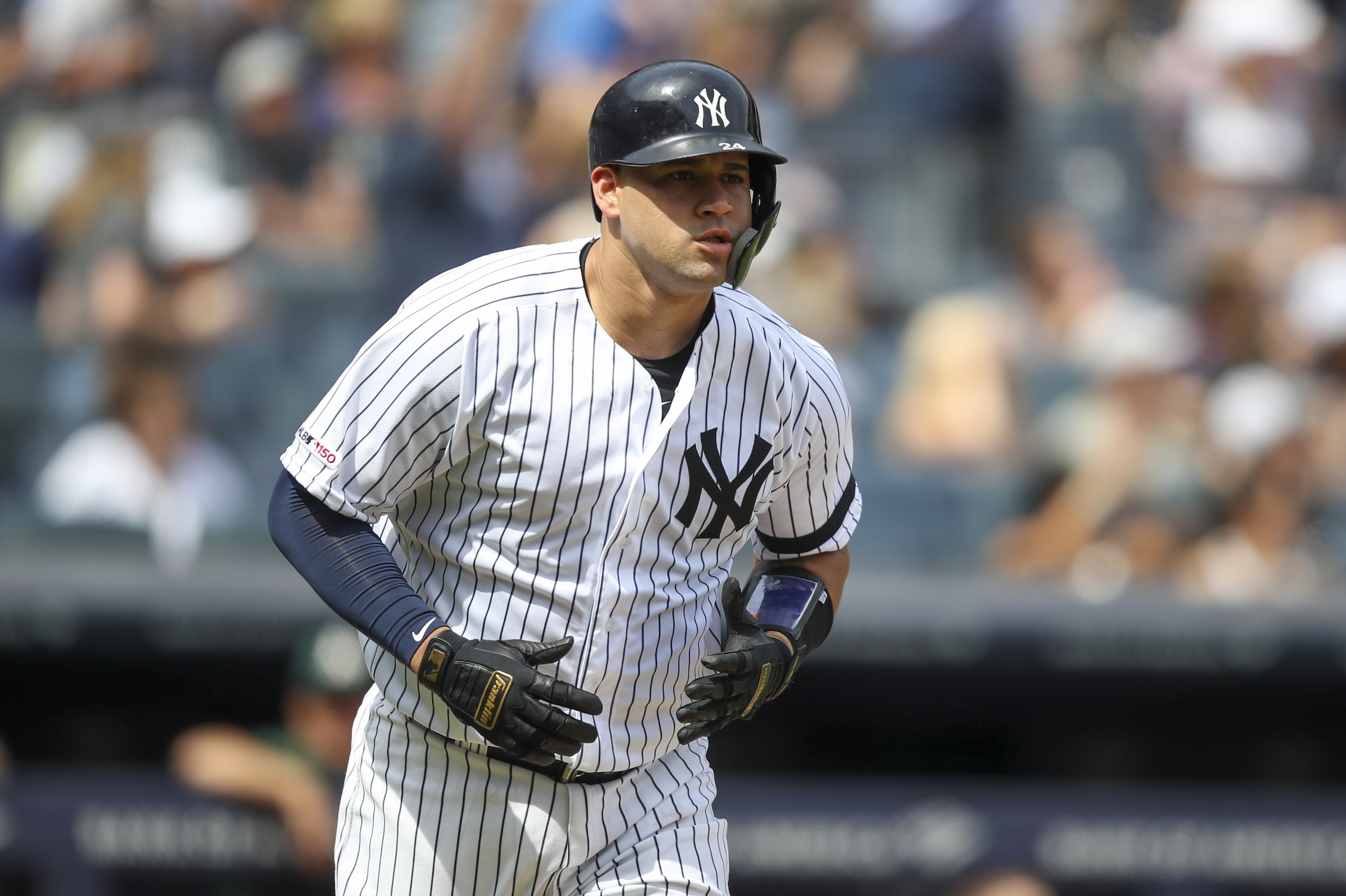 New York Yankees' Gary Sanchez runs to first after hitting a home run during the second inning of a baseball game against the Oakland Athletics, Saturday, Aug. 31, 2019, in New York. (AP Photo/Mary Altaffer)