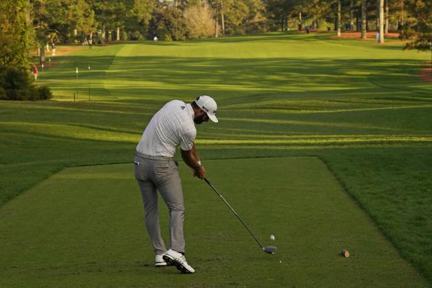 Dustin Johnson tees off on the 17th hole during the third round of the Masters golf tournament Saturday, Nov. 14, 2020, in Augusta, Ga. (AP Photo/Charlie Riedel)