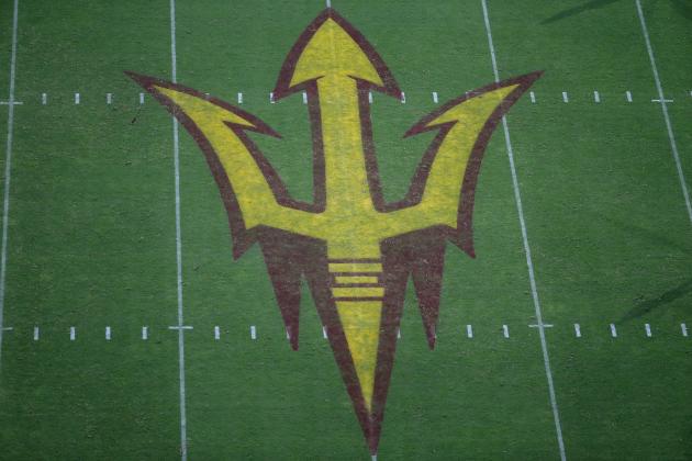 Sun Devils logo at midfield during second half of an NCAA college football game between Arizona State and Kent State, Thursday, Aug. 29, 2019, in Tempe, Ariz. (AP Photo/Ralph Freso)