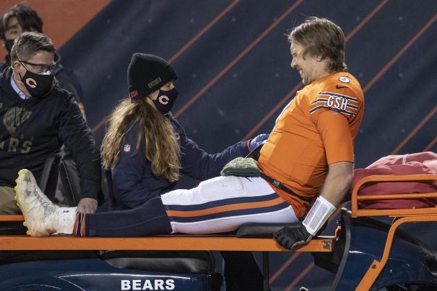 Chicago Bears quarterback Nick Foles is taken off on a cart after being injured during the second half of an NFL football game against the Minnesota Vikings Monday, Nov. 16, 2020, in Chicago (AP Photo/Kamil Krzaczynski)
