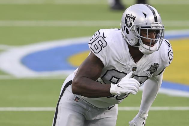 Las Vegas Raiders defensive end Clelin Ferrell (96) rushes the passes during an NFL football game against the Los Angeles Chargers, Sunday, November 8, 2020, in Inglewood, Calif. (AP Photo/Peter Joneleit)