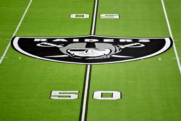 A detail view of the 50 yard line Las Vegas Raiders logo during an NFL football game, Monday, Sept. 21, 2020, in Las Vegas. (AP Photo/Jeff Bottari)