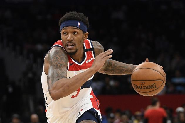 FILE - In this March 8, 2020, file photo, Washington Wizards guard Bradley Beal drives during an NBA basketball game against the Miami Heat in Washington. The Wizards won’t have Beal, John Wall or Davis Bertans when the NBA returns amid the coronavirus pandemic. When the league stopped play in March because of the COVID-19 outbreak, the Wizards were 24-40 and ninth in the Eastern Conference. (AP Photo/Nick Wass, File)