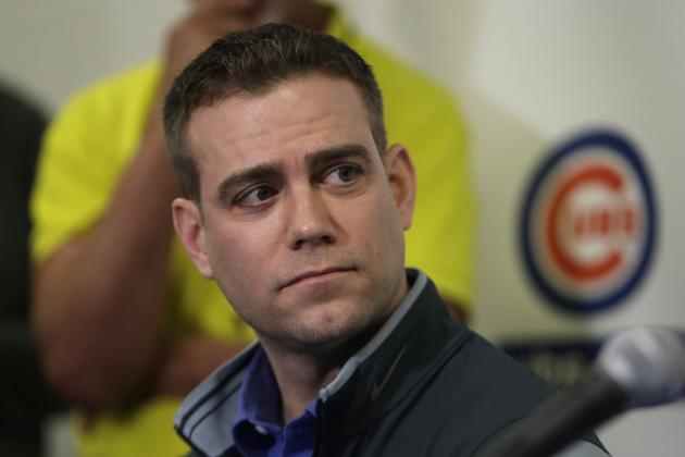 Chicago Cubs President of Baseball Operations Theo Epstein seen during a media availability at the team's spring training baseball facility Tuesday, Feb. 13, 2018, in Mesa, Az. (AP Photo/Carlos Osorio)