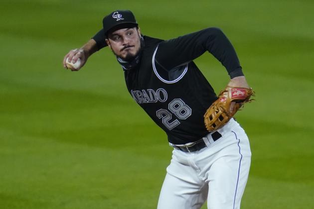 Colorado Rockies third baseman Nolan Arenado (28) in the seventh inning of a baseball game Saturday, Sept. 19, 2020, in Denver. (AP Photo/David Zalubowski)