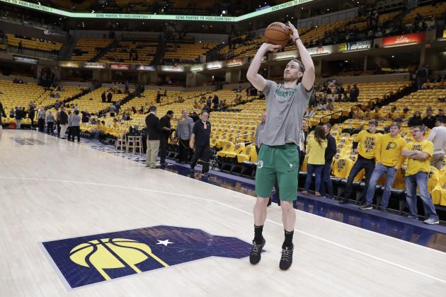 Boston Celtics' Gordon Hayward warms up for Game 3 of the team's NBA basketball first-round playoff series against the Indiana Pacers, Friday, April 19, 2019, in Indianapolis. (AP Photo/Darron Cummings)