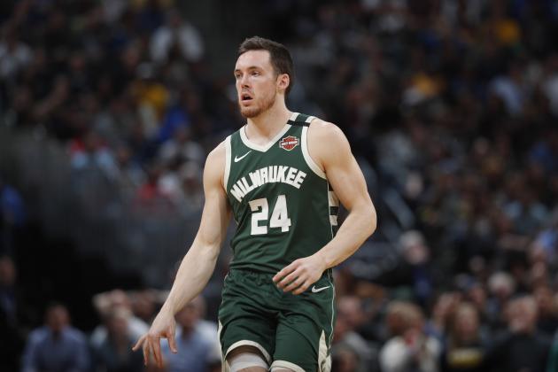 Milwaukee Bucks guard Pat Connaughton (24) in the second half of an NBA basketball game Monday, March 9, 2020, in Denver. The Nuggets won 109-95. (AP Photo/David Zalubowski)