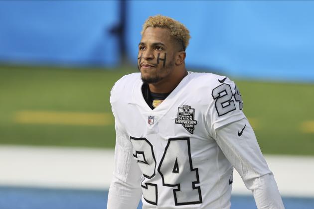Las Vegas Raiders strong safety Johnathan Abram (24) comes on the field before an NFL football game against the Los Angeles Chargers, Sunday, November 8, 2020, in Inglewood, Calif. (AP Photo/Peter Joneleit)