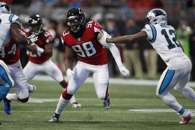 Atlanta Falcons defensive end Takkarist McKinley (98) rushes in against the Carolina Panthers during an NFL football game, Sunday, Dec. 8, 2019, in Atlanta. The Falcons won the game 40-20. (Jeff Haynes/AP Images for Panini)