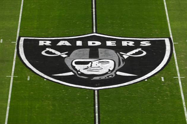 The Las Vegas Raiders logo is seen on the playing field prior to an NFL football game between the Las Vegas Raiders and the Kansas City Chiefs, Sunday, Nov. 22, 2020, in Las Vegas. (AP Photo/David Becker)
