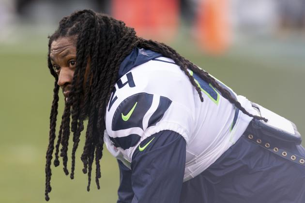 Seattle Seahawks running back Marshawn Lynch (24) looks on prior to an NFL wild-card playoff football game against the Philadelphia Eagles, Sunday, Jan. 5, 2020, in Philadelphia. Seattle won 17-9. (AP Photo/Chris Szagola)
