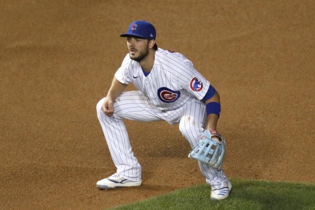 Chicago Cubs third baseman Kris Bryant fields his position during a baseball game Tuesday, Aug. 4, 2020, in Chicago. (AP Photo/Charles Rex Arbogast)