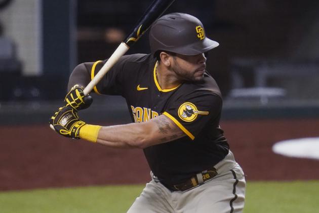 San Diego Padres' Tommy Pham bats in Game 2 of a baseball National League Division Series against the Los Angeles Dodgers Wednesday, Oct. 7, 2020, in Arlington, Texas. (AP Photo/Sue Ogrocki)