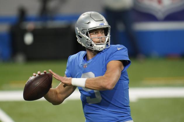 Detroit Lions quarterback Matthew Stafford throws during pregame of an NFL football game against the Houston Texans, Thursday, Nov. 26, 2020, in Detroit. (AP Photo/Paul Sancya)