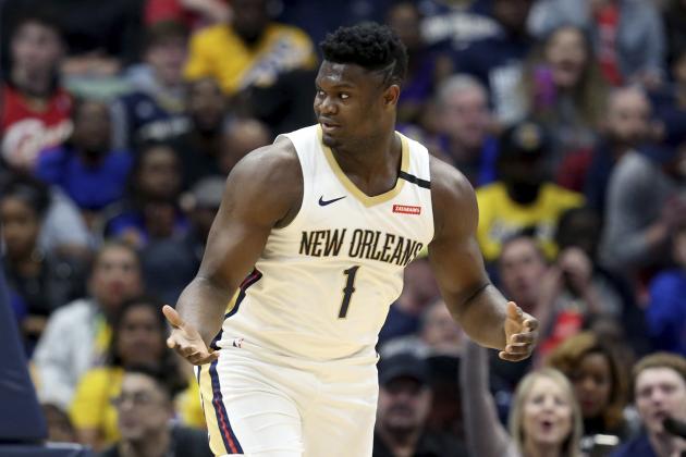 New Orleans Pelicans forward Zion Williamson (1) reacts after a basket in the first half of an NBA basketball game in New Orleans, Sunday, March 1, 2020. (AP Photo/Rusty Costanza)