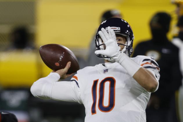 Chicago Bears quarterback Mitchell Trubisky (10) warms up before an NFL football game, Sunday, Nov 29. 2020, between the Chicago Bears and Green Bay Packers in Green Bay, Wis. (AP Photo/Jeffrey Phelps)