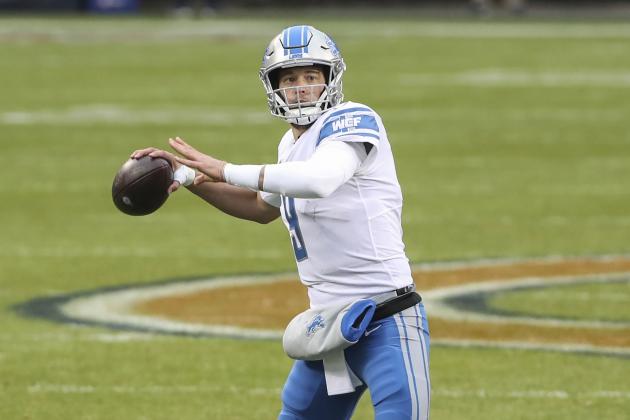 Detroit Lions quarterback Matthew Stafford (9) looks to pass the ball against the Chicago Bears during the first half of an NFL football game, Sunday, Dec. 6, 2020, in Chicago. (AP Photo/Kamil Krzaczynski)