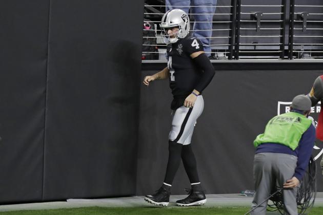 Las Vegas Raiders quarterback Derek Carr (4) limps on the sidelines after a play against the Los Angeles Chargers during the first half of an NFL football game, Thursday, Dec. 17, 2020, in Las Vegas. (AP Photo/Isaac Brekken)