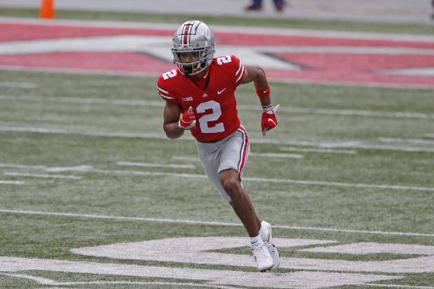 Ohio State receiver Chris Olave plays against Nebraska during an NCAA college football game Saturday, Oct. 24, 2020, in Columbus, Ohio. (AP Photo/Jay LaPrete)