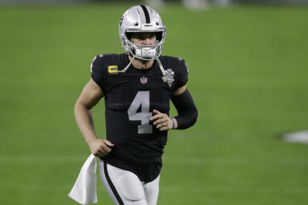 Las Vegas Raiders quarterback Derek Carr (4) warms up before an NFL football game against the Los Angeles Chargers, Thursday, Dec. 17, 2020, in Las Vegas. (AP Photo/Isaac Brekken)