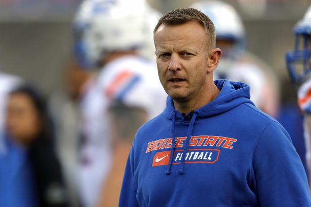 FILE - In this Saturday, Dec. 21, 2019 file photo, Boise State coach Bryan Harsin watches his players warm up for the Las Vegas Bowl NCAA college football game against Washington at Sam Boyd Stadium in Las Vegas. No. 25 San Jose State will face perennial conference powerhouse Boise State in the Mountain West championship on Saturday, Dec. 19, 2020 in Las Vegas. The game is usually played on the higher seed’s home field but this year it will be held at Sam Boyd Stadium. (AP Photo/Steve Marcus, File)