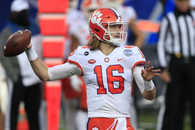 Clemson quarterback Trevor Lawrence (16) looks for a receiver during the first half of the Atlantic Coast Conference championship NCAA college football game against Notre Dame, Saturday, Dec. 19, 2020, in Charlotte, N.C. (AP Photo/Brian Blanco)