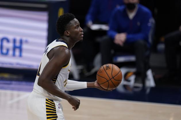 Indiana Pacers' Victor Oladipo (4) shoots during the second half of an NBA basketball game against the Philadelphia 76ers, Friday, Dec. 18, 2020, in Indianapolis. (AP Photo/Darron Cummings)