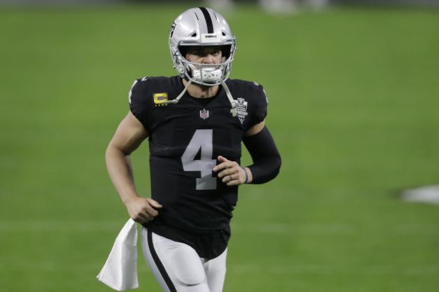Las Vegas Raiders quarterback Derek Carr (4) warms up before an NFL football game against the Los Angeles Chargers, Thursday, Dec. 17, 2020, in Las Vegas. (AP Photo/Isaac Brekken)