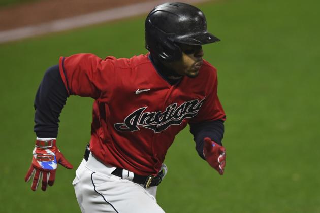 Cleveland Indians' Francisco Lindor runs after hitting a double in the fifth inning of Game 2 of an American League wild-card baseball series against the New York Yankees, Wednesday, Sept. 30, 2020, in Cleveland. (AP Photo/David Dermer)