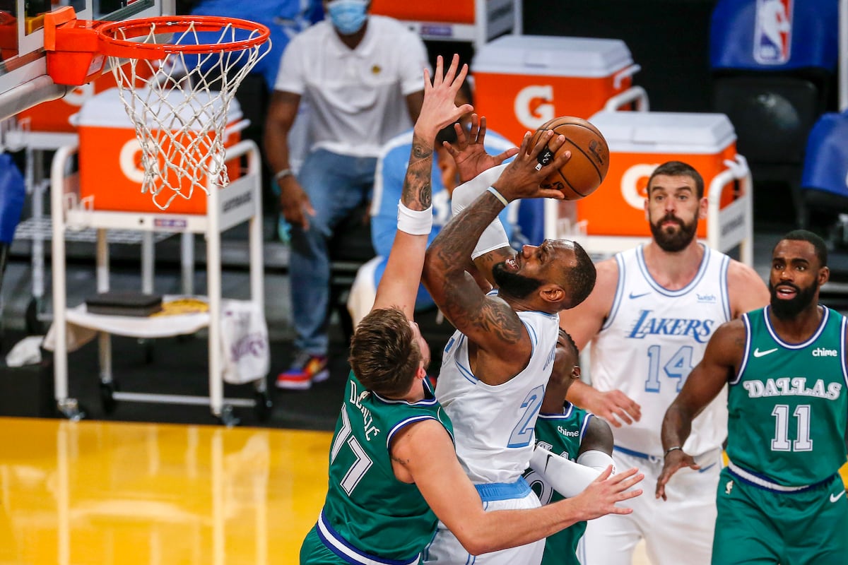 Luka Doncic scoring in Lakers game