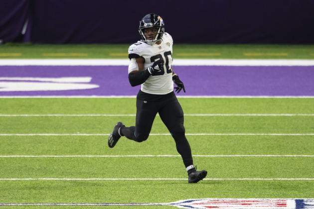 Jacksonville Jaguars running back James Robinson (30) in action in the fourth quarter during an NFL football game against the Minnesota Vikings, Sunday, Dec. 6, 2020, in Minneapolis. The Vikings defeated the Jaguars 27-24. (AP Photo/David Berding)