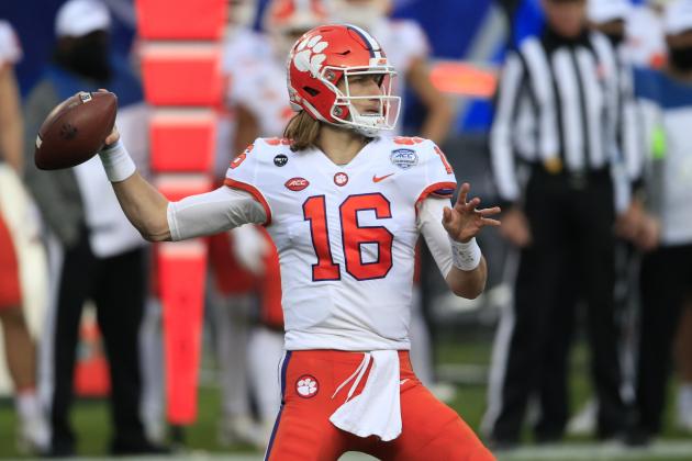 FILE - In this Saturday, Dec. 19, 2020, file photo, Clemson quarterback Trevor Lawrence (16) looks for a receiver during the first half of the Atlantic Coast Conference championship NCAA college football game against Notre Dame in Charlotte, N.C. (AP Photo/Brian Blanco, File)