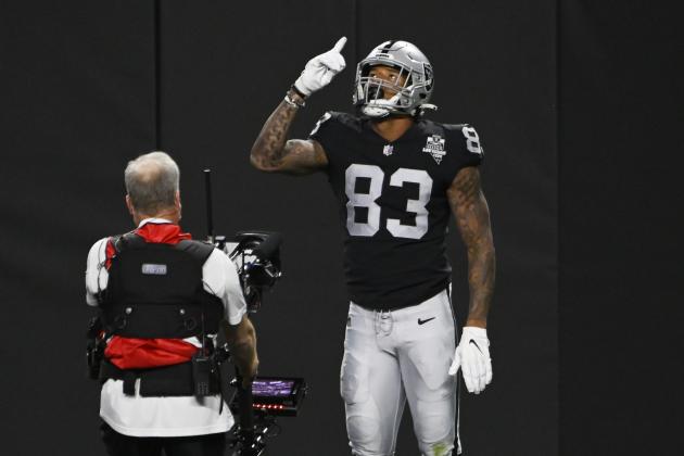 Las Vegas Raiders tight end Darren Waller (83) celebrates after scoring a touchdown against the Los Angeles Chargers during the first half of an NFL football game, Thursday, Dec. 17, 2020, in Las Vegas. (AP Photo/David Becker)