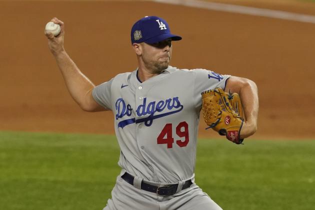 Los Angeles Dodgers relief pitcher Blake Treinen throws against the Tampa Bay Rays during the seventh inning in Game 3 of the baseball World Series Friday, Oct. 23, 2020, in Arlington, Texas. (AP Photo/Tony Gutierrez)