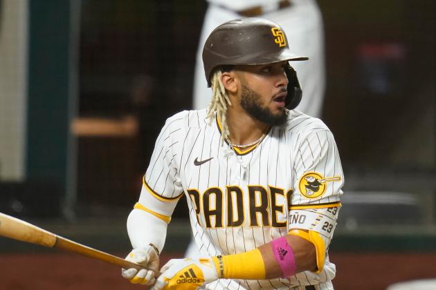 San Diego Padres' Fernando Tatis Jr. bars in Game 3 of a baseball National League Division Series against the Los Angeles Dodgers Thursday, Oct. 8, 2020, in Arlington, Texas. (AP Photo/Sue Ogrocki)