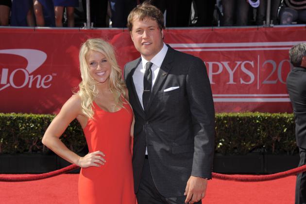 Detroit Lions quarterback Matt Stafford, right, and Kelly Hall arrive at the ESPY Awards on Wednesday, July 11, 2012, in Los Angeles. (Photo by Chris Pizzello/Invision/AP)