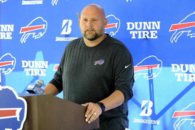 Buffalo Bills offensive coordinator Brian Daboll addresses the media before practice at the NFL football team's training camp in Pittsford, N.Y., Friday, July 27, 2018. (AP Photo/Adrian Kraus)