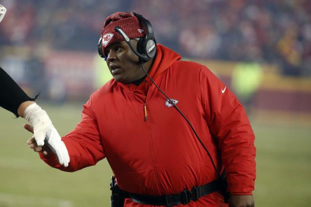 Kansas City Chiefs offensive coordinator Eric Bieniemy during the second half of the AFC Championship NFL football game, Sunday, Jan. 20, 2019, in Kansas City, Mo. (AP Photo/Charlie Riedel)