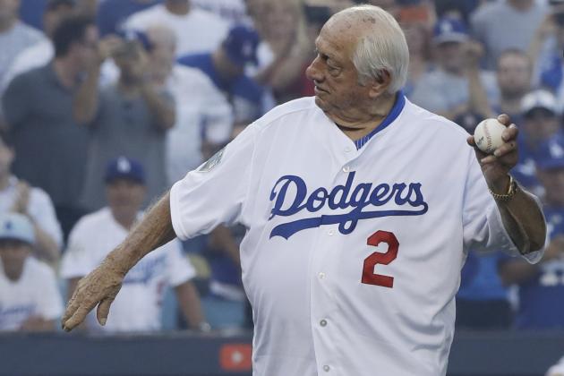 Former Los Angeles Dodgers' manager Tommy Lasorda before Game 3 of the World Series baseball game against the Boston Red Sox on Friday, Oct. 26, 2018, in Los Angeles. (AP Photo/David J. Phillip)