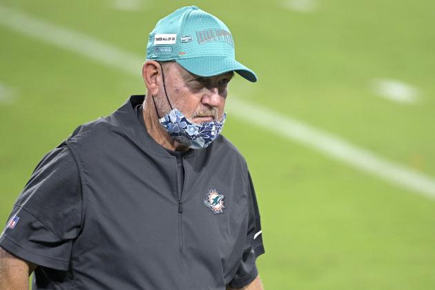 Miami Dolphins offensive coordinator Chan Gailey walks on the field before an NFL football game against the Jacksonville Jaguars, Thursday, Sept. 24, 2020, in Jacksonville, Fla. (AP Photo/Phelan M. Ebenhack)