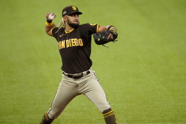 San Diego Padres shortstop Fernando Tatis Jr. throws to first in Game 2 of a baseball National League Division Series against the Los Angeles Dodgers on Wednesday, Oct. 7, 2020, in Arlington, Texas. (AP Photo/Tony Gutierrez)