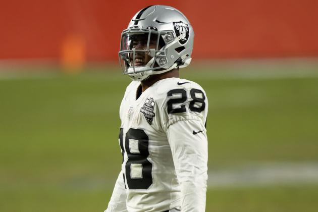 Las Vegas Raiders running back Josh Jacobs (28) walks on the field against the Denver Broncos during the second half of an NFL football game, Sunday, Jan.. 3, 2021, in Denver. (AP Photo/Justin Edmonds)