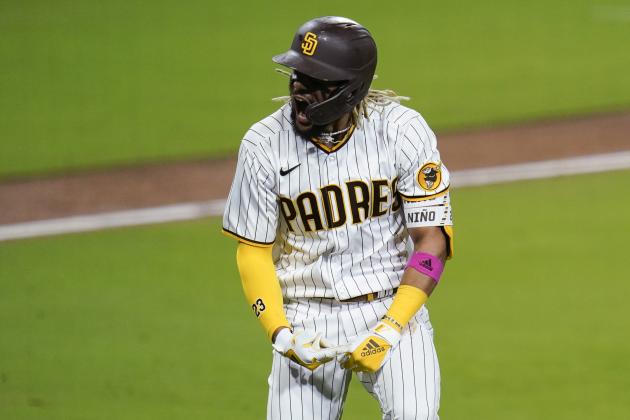 San Diego Padres' Fernando Tatis Jr. reacts after hitting a three-run home run during the sixth inning of Game 2 of the team's National League wild-card baseball series against the St. Louis Cardinals, Thursday, Oct. 1, 2020, in San Diego. (AP Photo/Gregory Bull)